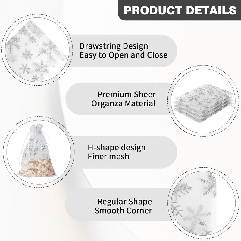 BOEIAC Snowflake Organza Bags, 100 PCS Christmas Sheer Organza Bags with Drawstring 4 x 6 inch, Jewelry Gift Bag, White Small Mesh Goodies Xmas Wedding Favor Mini Candy Pouches Bag for Christmas Party Favors - Image 5
